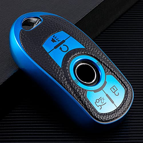 Image of for Buick Key Fob Cover Soft TPU with Leather Keychain Key Case Shell Full Protective Cover Compatible with Buick 2015-2023 GL8 Verano Enclave Regal Lacross Encore Envision 6 Button, A Blue
