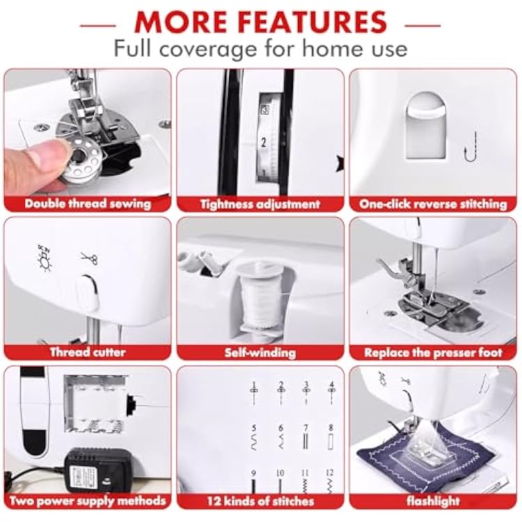 Sewing Machine for Beginners, Portable Mini Sewing Machine, 12 Built-In Stitches and Adjustable Speed with Replaceable Presser Feet and Two Power Supply Methods (110V)