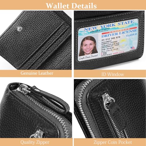 Image of Genuine Wallet Women RFID Blocking Card Holder, Small Leather Womens Wallet with Zipper ID Window Coin Pocket