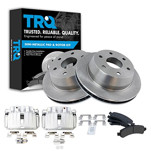 Image of TRQ Rear Brake Pad, Caliper, & Rotor Kit Semi-Metallic Vented Compatible with 2002 Cadillac Escalade Chevrolet Avalanche 1500 Suburban 1500 Tahoe GMC Yukon Yukon XL 1500