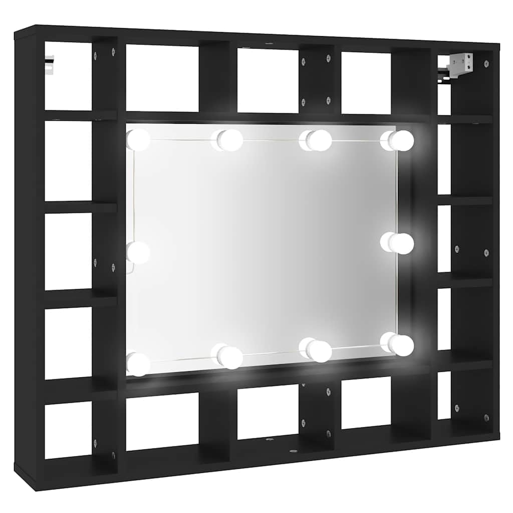 Armadietto a specchio a LED nero, 91 x 15 x 76,5 cm, con illuminazione e telecomando, montaggio a parete, con diversi scomparti e porta USB per riporre cosmetici