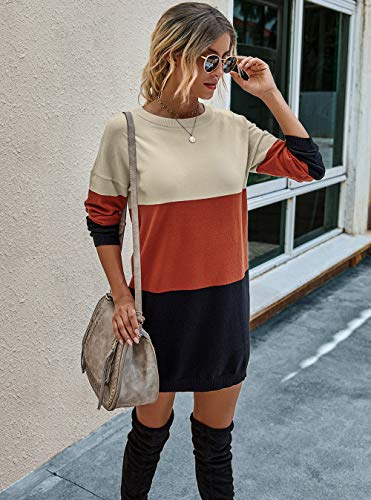 KIRUNDO Women’s 2020 Winter Long Sleeves Mini Sweater Dress Leopard Plaid Print Crew Neck Oversized Long Knit Pullover Tops (Large, Color Block-Black)