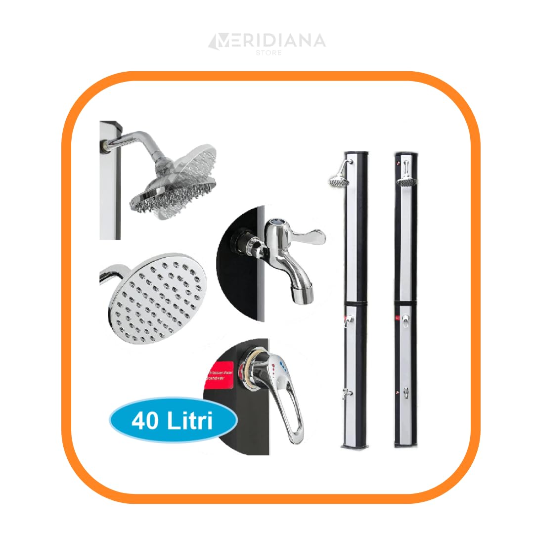 Meridiana Doccia Esterna Solare da Giardino 40L Acqua Fredda e Calda | Con Rubinetto Miscelatore e Soffione per Esterno Piscina, Doccia Solare Giardino, Doccia Solare da Esterno