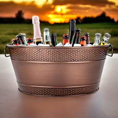 BREKX Colt Copper Finish Galvanized Bucket for Parties, Oval 16-Bottle Hammered Beverage Chiller with Handles, Farmhouse Bucket for Galvanized Decor or Storage, 15QT (4 Gallon) - Thumbnail 2