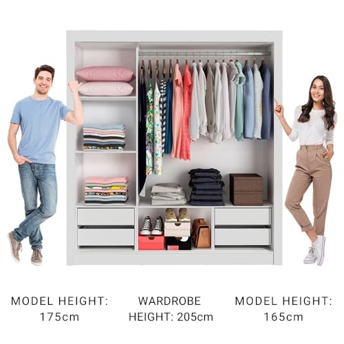 Image of Madesa 3 Sliding Doors Wardrobe Ample Storage Wooden Almirah 170 Cm with Shelves, Drawers and Hanging Units for Bedroom - White /Brown
