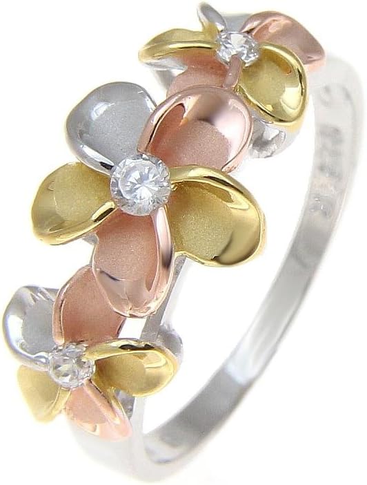 Arthur's Jewelry 925 sterling silver Hawaiian yellow pink rose gold rhodium tricolor plated 3 plumeria flower cz ring size 4 to 10