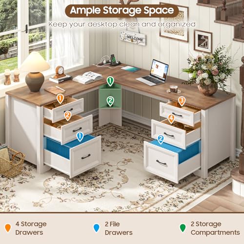 Image of Vabches Wood L Shaped Executive Desk with 6 Drawers, Farmhouse Home Office Desk with Power Outlets and Triangle Under-Desk Storage Shelf & Drawer File Cabinet, Corner Computer Desk, Brown