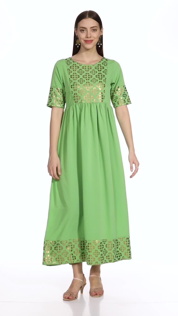 Janasya Women's Light Green Crepe Gold Print Flared Kurta (JNE3364