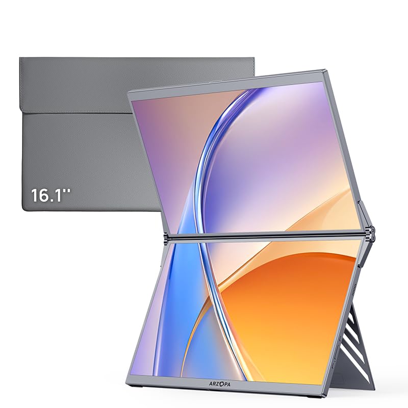 Image of ARZOPA 15.6 inch Dual Portable Monitor for Laptop, Foldable Stackable FHD 1080P 100% sRGB IPS Extender & PU Sleeve Bag Combination