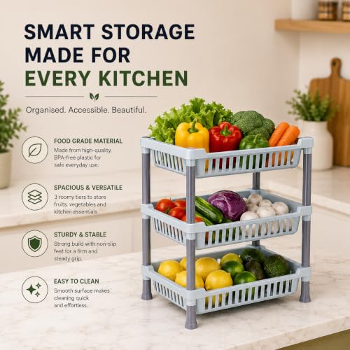 Image of Clazkit 3-Layer Kitchen Rack | Multipurpose Storage Organizer for Kitchen, Fruits & Vegetables, Bathroom & Utility Room | Durable Space-Saving Rack with 3 Spacious Shelves | Easy to Assemble
