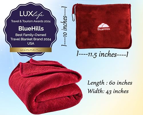 Image of BlueHills Premium Soft Travel Blanket Pillow Airplane Blanket Packed in Soft Bag Pillowcase with Hand Luggage Belt and Backpack Clip, Compact Pack Large Blanket for Any Travel (Red T001)