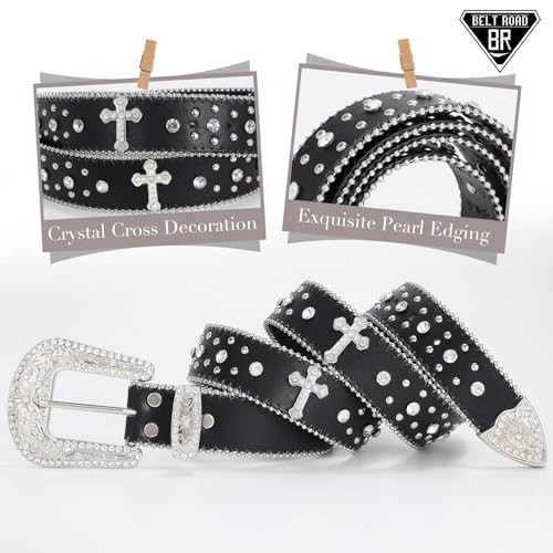 Rhinestone Belt for Men Women, Western Cowboy Cowgirl Belts Bling Leather Belt With Cross and Diamond for Jeans2