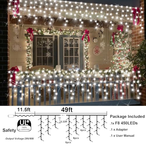 FLVOECN Christmas Lights Outdoor, 49FT 450 LED Ice Lights for Outside, Ice String Lights with 8 Modes, Waterproof Timer Memory Hanging Light for Eaves Party Yard Garden(Cool White) by FLVOECN - Used condition - Image 5