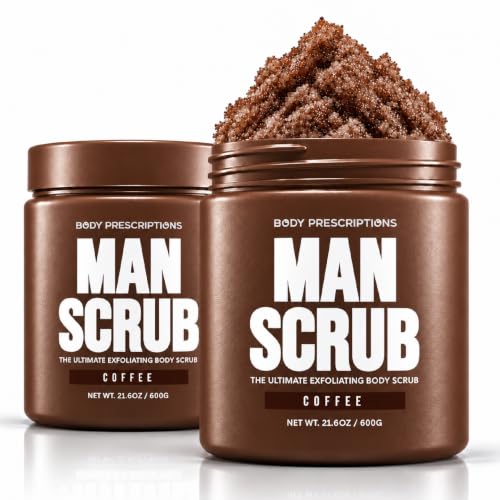 Body Prescriptions Men’s Exfoliating Body Scrub – Ultimate Skin Cleansing Wash in Jar with Twist-Top Lid, For All Skin Types, 21 Ounce (Pack of 2), Coffee