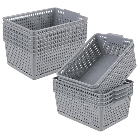 Sandmovie 12-Pack Large Storage Baskets, Plastic Storage Basket Desktop Organizer, Gray Cover