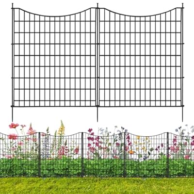 12 Panels No Dig Decorative Outdoor Garden Fence, 34.2 in(H) X 25.6 ft(L) Animal Barrier Fencing, Rustproof Metal Wire Panel Border with Rubber Mallet, Temporary Ground Stakes for Patio, Outdoor