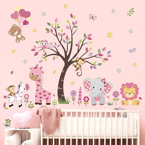 Decalmile Pink Animal Tree Wall Decals Cover