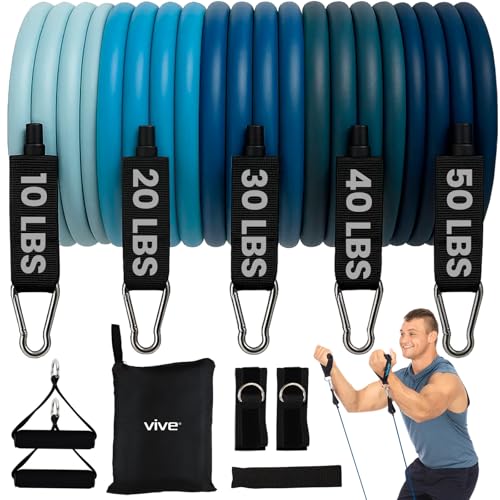 Vive Resistance Band Set (11 PCS) (With App) - Versatile Exercise Tubes with Wide Handles, Workout Poster, & Door Anchor - Adjustable 10-50 LB Tension for Full Body Home Fitness & Rehab -for Men/Women