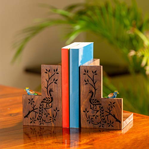 ExclusiveLane 'Peacock Pair' Hand Carved Bookends For Heavy Books In Sheesham Wood - Book Ends For Table Book Stopper Book Holder Stand Book Shelf Stopper Book Organiser Book Support Stand Table DÃ©cor