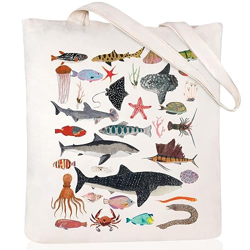 Andeiltech Canvas Tote Bag Aesthetic for Women Cute Sea Life Canvas Totes Gift with Zipper Pocket Reusable Grocery Bags for Beach Shopping Bag