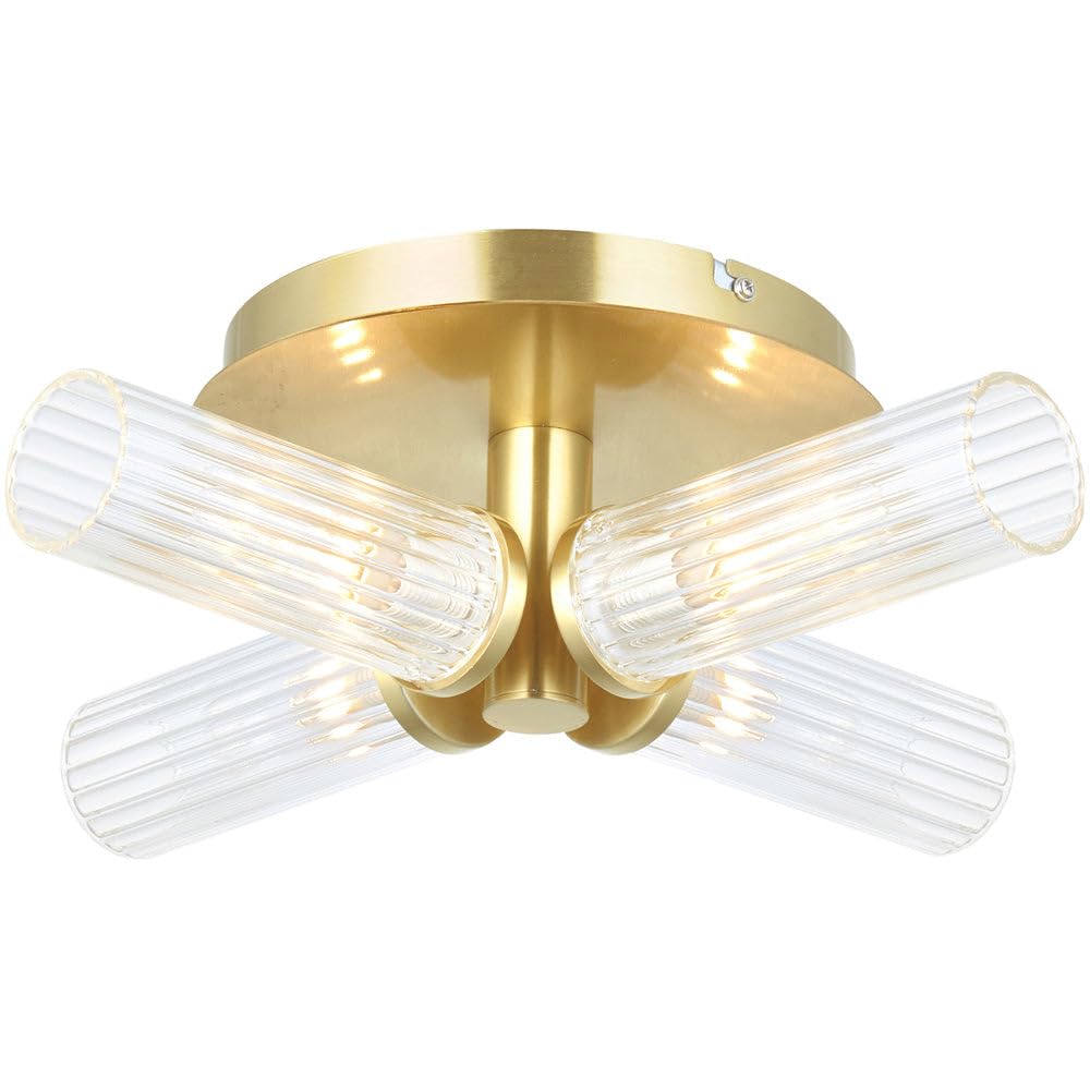 Loops Satin Brass Semi Flush Low Ceiling Bathroom Light - Clear Ribbed Multi Arm Glass - 4 X 3W LED G9