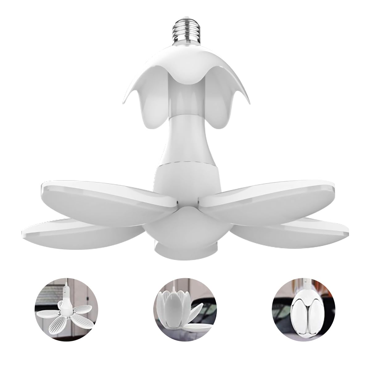 LED Garage Light Bulb, Deformable Ceiling Basement Lighting Folding Daylight White Bulb 60W E27 Super Bright Mini LED Lamp with 5 Adjustable Panels for Home Lighting Warehouse Workshop Factory Market