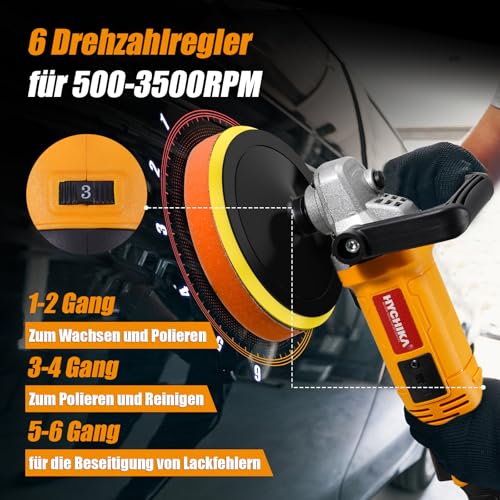 HYCHIKA Poliermaschine Auto 1580W, Auto Politur Set, Autopoliermaschine, Polishing Machine mit Variable 6-Gang-Kontrolle, Motor aus reinem Kupfer, mit 180mm Polierpad, Polierset für Boot KFZ