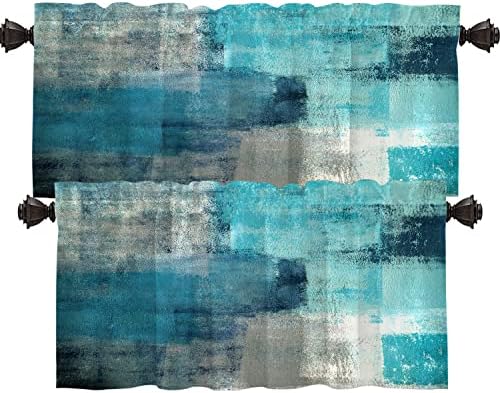 Shrahala Turquoise Grey Abstract Art Kitchen Valances, Modern Teal Orange Hand Painted Half Window Curtain Window Treatment Multilayer Polyester Blackout for Living Room Bathroom 2 Pack 52 x 18 in