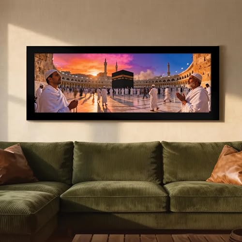 Image of PAINTINGMANTRA Makka Madina Kaaba Islamic Arabic Wall Art Framed Luxury Paintings for Home Decoration, Living room, Bedroom and Office Decoration (99x38 CM)