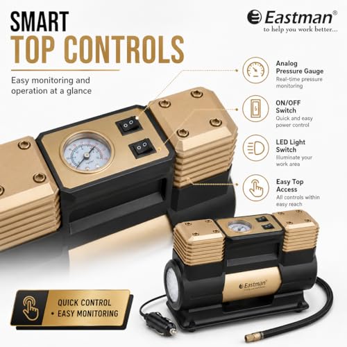 Image of EASTMAN Double Cylinder Air Compressor 12V ? 150 PSI Heavy Duty Tyre Inflator Pump with 60L /Min Flow, LED Light & Battery Alligator Clamps for SUVs, Trucks & Cars (EAC-60150N)