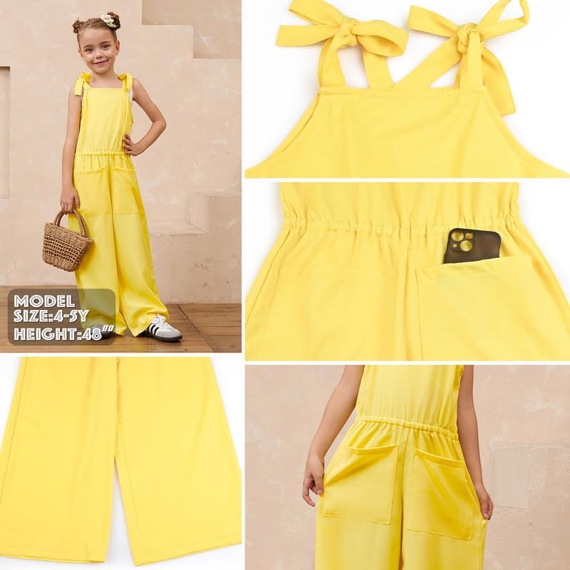 Mirawise Girls Romper Outfits Size 10 11 12 Jumpsuit Tie Strap Kid Sleeveless Yellow Wide leg Clothes Long Pant with Pocket