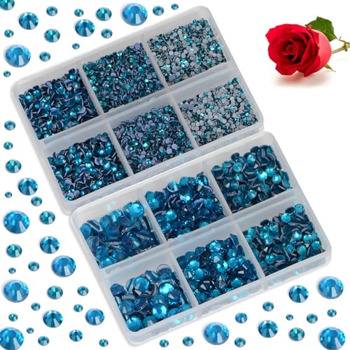 Image of Bymitel Hotfix Crystal Rhinestones Round Gems for Crafts,Mixed 6 Sizes with Wax Pencil Kit, Blue Zircon 1.6-6.3mm SS4-SS30 /8000pcs