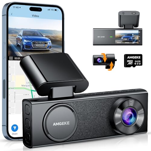 AMGEKE 4K Dash Cam Front and Rear, STARVIS Sensor, FREE 64GB Card Included, Built-in WiFi GPS, 4K 2160P/FHD Dual Dash Camera for Cars, 2.45' IPS, 170&deg;Wide Angle,WDR Night Vision, 24H Parking Mode