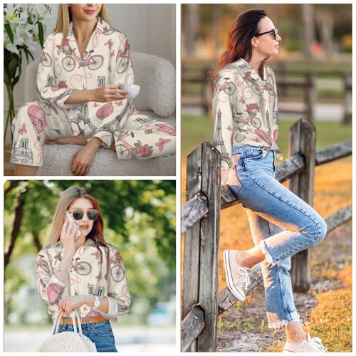 Image of Women'S Long Sleeve Pajama Set Soft Loungewear Button-Down Top & Elastic Waist Pants S- 2XL
