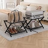 Smart FENDEE Faltbarer Gepäckträger 2-stöckig, Gepäckständer für Gästezimmer, Faltbarer Gepäckträger mit Regal (2 Stück), Bambus, Braun