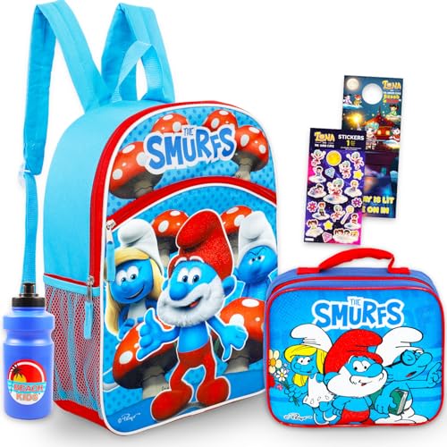 Smurfs Backpack with Lunch Box for Kids - Bundle with 16" School Bag, Lunchbox, Water Bottle, More | Smurfs School Backpack with Lunch Bag Set for Kids, Boys, Girls