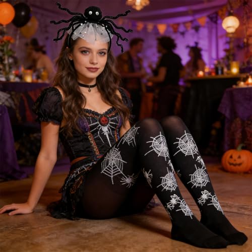 EZOULUOBA Karneval Spinnenkostüm Damen Set: 3D Karneval Spinne Haarreif, Spinnenweben Strumpfhose & Tattoos | Das perfekte Kostüm Spinne Damen Accessoire Set für Karneval, Mottoparty & Fasching