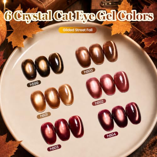 Image of Beetles Cat Eye Gel Nail Polish Set - Gilded Street Fall 6 Colors Glitter Gel Polish Kit Brown Red Gold Green 3D Shimmer Effect Soak Off UV DIY Salon Nail Art Fall Manicure Gift for Women