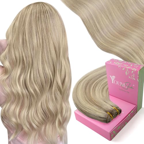 Image of YoungSee Sew in Hair Extensions Real Human Hair, Dirty Blonde Highlights Bleach Blonde, Weft Hair Extensions, 14 Inch 70g Short Hair, Sew in Bundles Human Hair Prefer Professional Installation