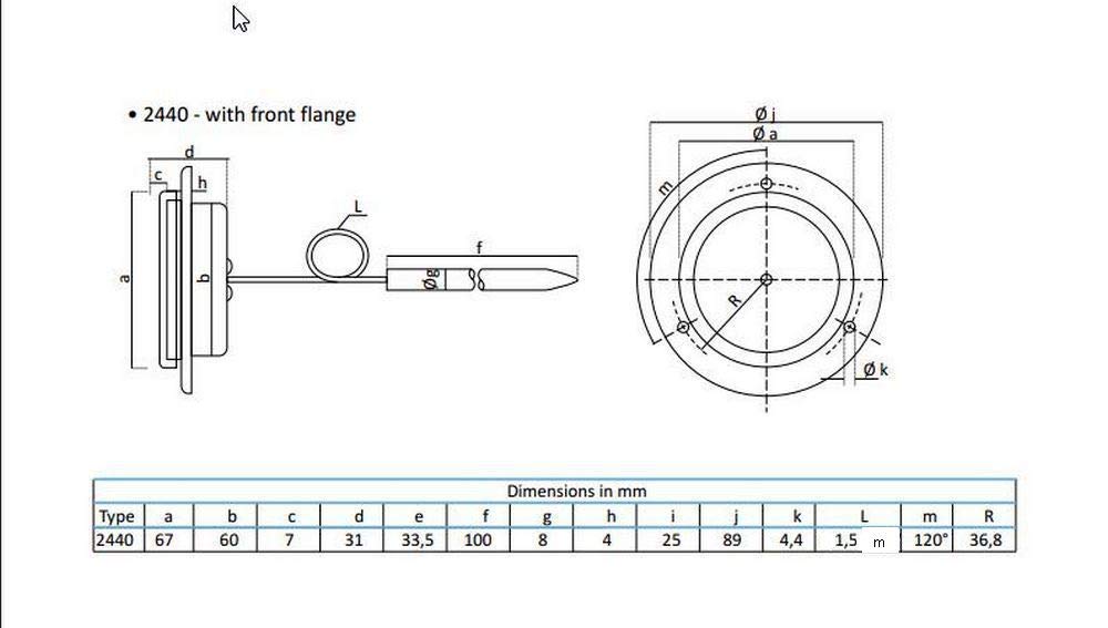 Termometro a capillare TTK2440 (0-120° C) Display della temperatura con sensore da 1,5 m Diametro 60mm Connessione dal retro Termometro con flangia frontale