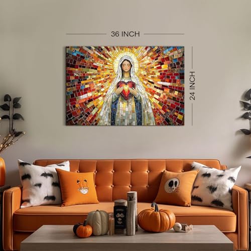 Image of Retro Christian Canvas Wall Art Jesus Virgin Mary Paintings Wall Decor for Living Room Church Decorations 24x36 inch Colorful Our Lady Holding Sacred Heart Aesthetics Posters Large Artwork Ready To Hang