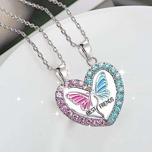 2 Pcs Bff Forever Split Magnetic Pendant Necklaces- Pink & Butterfly
