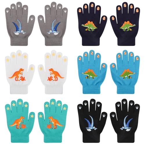 Jupsk Luvas para crianças luvas de inverno de malha dinossauros luvas mágicas de dedos completos luvas elásticas e quentes para meninos meninas meninos 4-9 anos, 6 pares, multicolorido