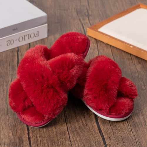 Image of Enteer Women's Slipper Memory Foam Cross Band Fuzzy Slippers Open Toe Cozy House Slippers Cozy Plush Bedroom Indoor Outdoor