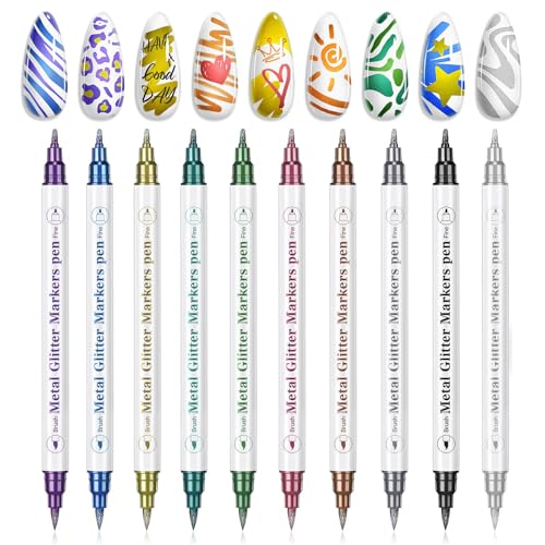 Image of SAVILAND Nail Art Markers Set: 10 Dual-Tipped Metallic Quick Dry Nail Polish Art Pens Fine Tip for Painting Nails, Drawing Dots, Lines & Designs, Home DIY Nail Art Supplies