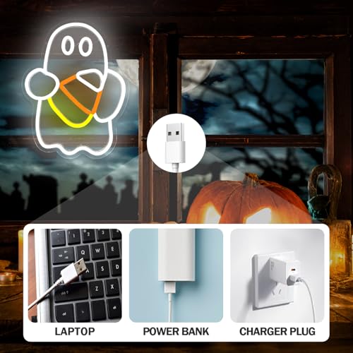 Image of Halloween Neon Sign Dimmable Candy Corn Neon Sign for Wall Decor Ghost Neon Window Light Sign Led Halloween Candy Corn Ghost Decoration for Indoor, Bedroom, Kids Room, Halloween Party, white