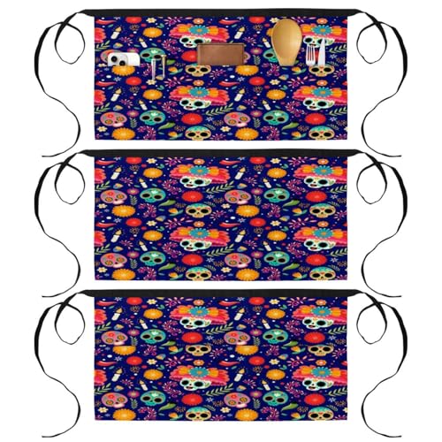 Tablier court de chef lot de 3 avec 3 poches au motif crânes en sucre