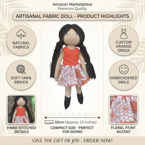 Image of Handcrafted Indian Rag Doll Set, Stitch Soft Toy Doll for Kids, Soft Cotton Fabric Yarn Cloth Doll, Traditional South Indian Soft Toys for Kids Room Decor (Orange, Floral)