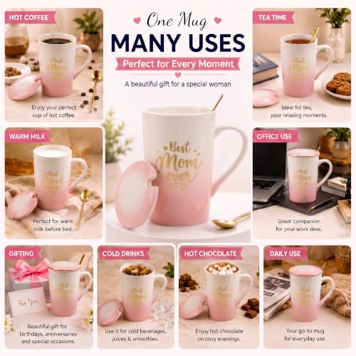 Image of ZAICUS Best Mom Ever Coffee Mug with Lid & Spoon, Ceramic Gift for Mother | Perfect for Coffee, Tea & Daily Use | Perfect Mother's Day & Birthday Gift