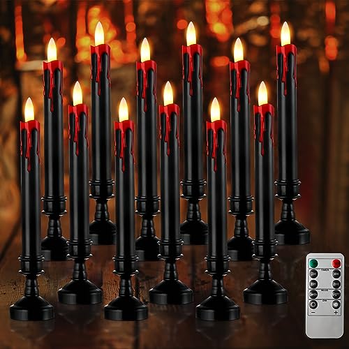 Sratte 12 Sets Halloween Blood Dripping Candle Decoration LED Flameless Candle with Remote and Candle Holder Battery Operate Vampire Tears Candle Spooky Scary Creepy Candlestick Decor for Indoor Home